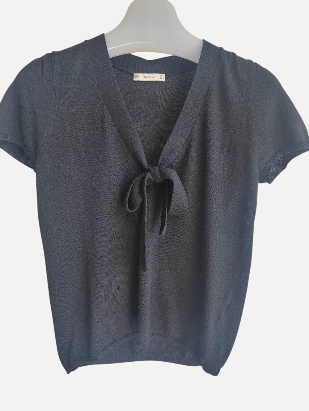 Zara Knit Black Tie Front V Neck Short Sleeve Knit Top S Balletcore Coquette